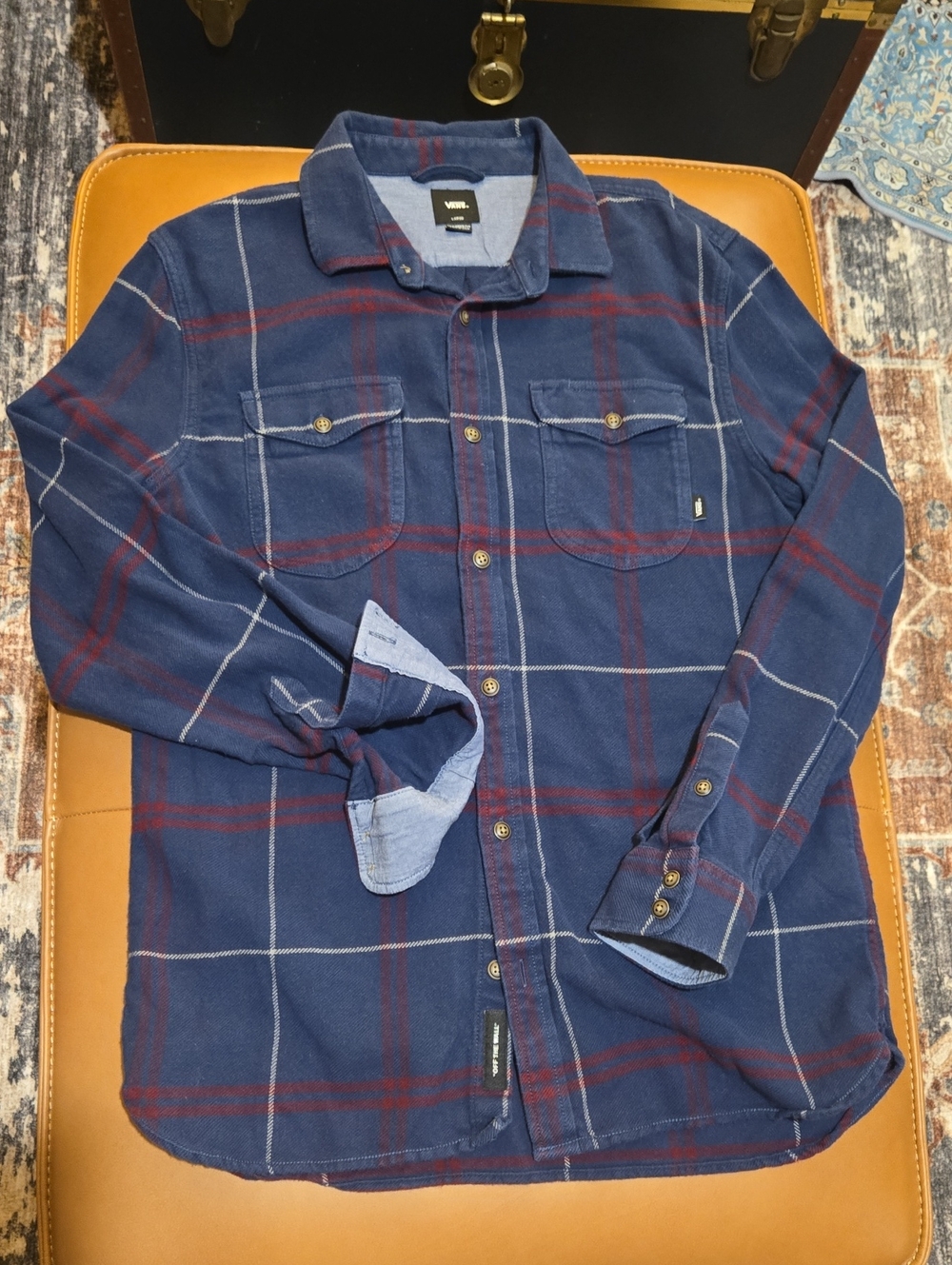 Vans Tailored Fit Navy Burgundy Plaid Flannel Button Front Shirt Large